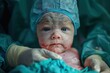 © LifeMedia - A newborn baby, partially covered in blood, is being handled by medical staff in a surgical setting, with the baby looking directly at the camera with a curious gaze.