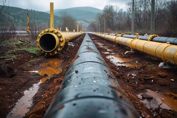 A view of black and yellow pipelines laying parallel in a muddy rural setting, showcasing an ongoing construction project with hills and trees in the background.