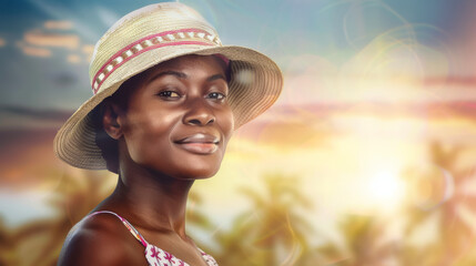 Wall Mural - A woman wearing a straw hat is smiling at the camera