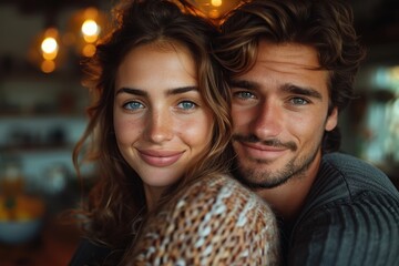 Wall Mural - A happy couple with brown hair, smiling together in a warm and cozy indoor environment, showcasing their affection and togetherness with a blurry background.