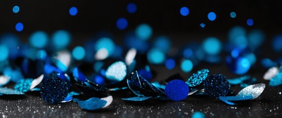 blue confetti and glitters on plain black background banner with copy space