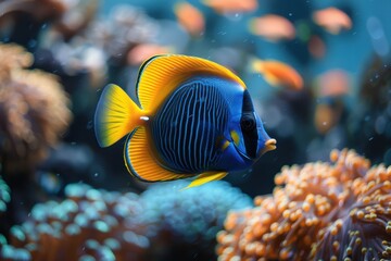 Wall Mural - A visually striking fish with deep blue scales and vivid yellow striped fins glides through a coral reef, showcasing the intricate beauty and diversity of underwater life.