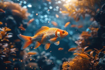 A solitary goldfish with vibrant scales swims amongst aquatic plants in a tranquil underwater environment, emphasizing the beauty and simplicity of individual marine life.
