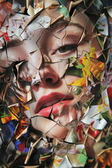 Wall Mural - A woman's face is cut up into pieces and scattered around the image
