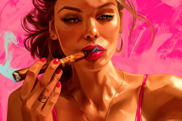 Wall Mural - A woman is smoking a cigar while wearing a pink top