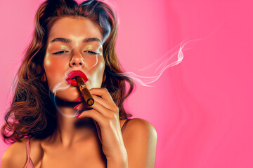 Wall Mural - A woman is smoking a cigar while wearing red lipstick