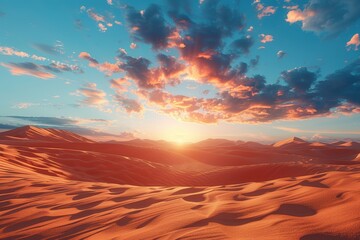 Golden sunset casts a warm glow over undulating orange desert sand dunes, with scattered clouds in the sky creating a captivating and serene desert landscape.