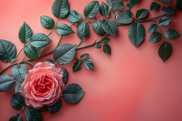 Wall Mural - Single Pink Rose With Green Leaves on Pink Background