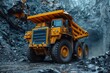 © LifeMedia - A yellow mining truck is parked near the entrance of a rocky tunnel within a quarry, emphasizing the rugged environment and heavy machinery used in industrial mining.