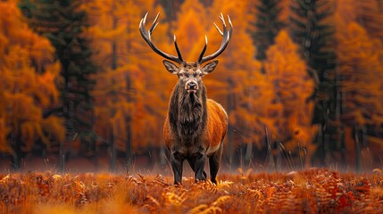 Beautiful image of red deer stag in foggy Autumn colorful forest  