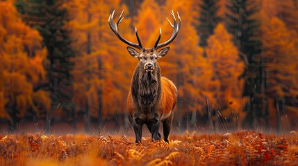 Poster - Beautiful image of red deer stag in foggy Autumn colorful forest  