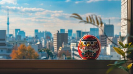 Wall Mural - A Daruma doll on a window sill overlooking a city ready to face new business challenges