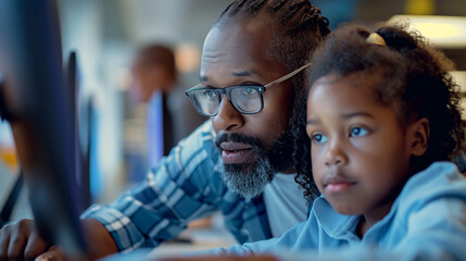 Leinwandbilder - Father and his daughter are looking at a computer screen, learning together
