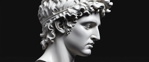 Wall Mural - marble apollo head statue on plain black background banner with copy space