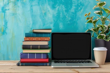 Aufkleber - A modern learning environment featuring a laptop and a stack of textbooks against a blue wall. Generative AI