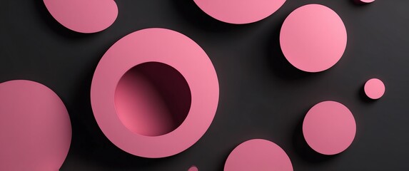 Wall Mural - pink circles abstract on plain black background banner with copy space