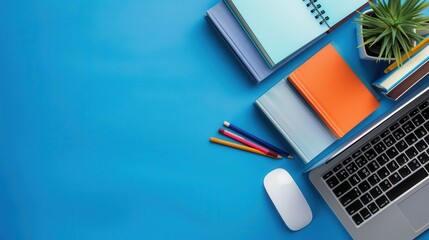 Poster - A blue desk with a laptop, textbooks, and pencils, representing modern methods of learning. Generative AI