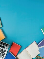 Poster - A top-down view of a modern learning workspace with a laptop, notebooks, and textbooks on a blue background. Generative AI