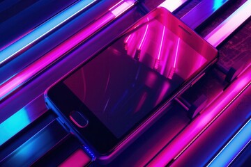 Wall Mural - A smartphone showcasing a vibrant streaming service in a dynamic studio with neon lighting. Generative AI