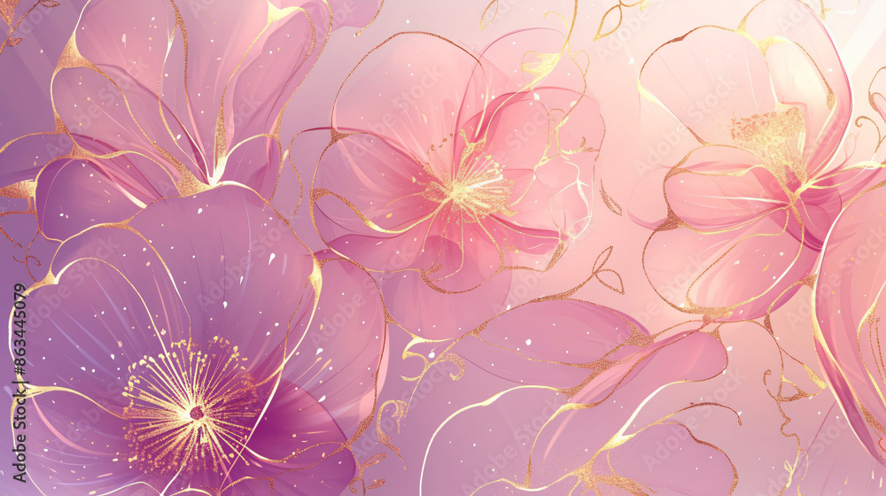 Abstract pink flowers with gold details on a pink and white background ...