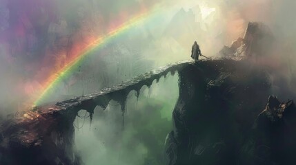 Wall Mural - A knight traversing a bridge made of rainbows in a misty realm