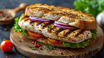 Garlic Olive Oil Grilled Chicken Sandwich with Lettuce, Tomato, Onion on Clean Background.