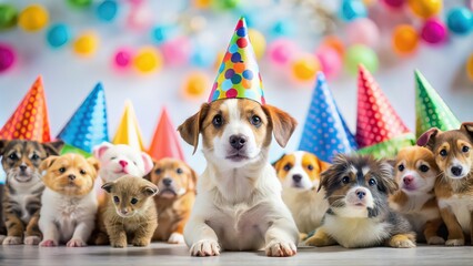 Canvas Print - Funny puppy dog wearing party hat, surrounded by various pet animals in background, dog, puppy, funny, party, hat, celebration