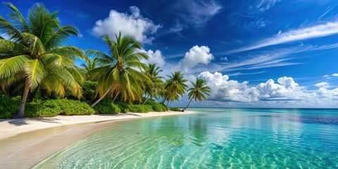 Wall Mural - Sandy beach with crystal clear water and palm trees , Summer, vacation, tropical, relaxation, paradise, exotic, coastline, travel