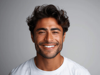 portrait smiling handsome young man clean fresh skin white background close up happy Latin guy t-shirt isolated grey background stylish hair strong jawline dental ad