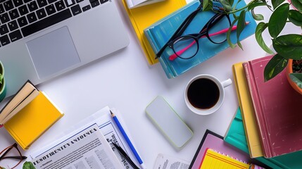 Leinwandbilder - A contemporary workspace featuring a laptop, textbooks, and a cup of coffee, highlighting the blend of traditional and modern methods of learning. Generative AI