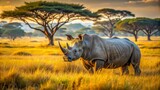 Majestic rhino stands alone in the sun-kissed savannah of ol pejeta park, kenya, its gray skin glistening amidst the golden grasses and acacia trees.