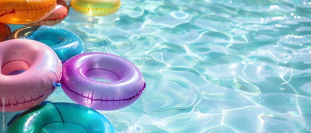 Pool party with multiple float rings in the water, highlighting a ...