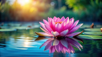 Sticker - Vibrant pink lotus flower floating on water surface, lotus, flower, pink, water, vibrant, graceful, serene, nature, beauty