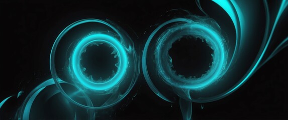 Wall Mural - teal circular plasma energy abstract on plain black background banner with copy space