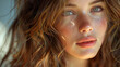 © Matthew - Brunette girl with long and shiny wavy hair . Beautiful model with curly hairstyle