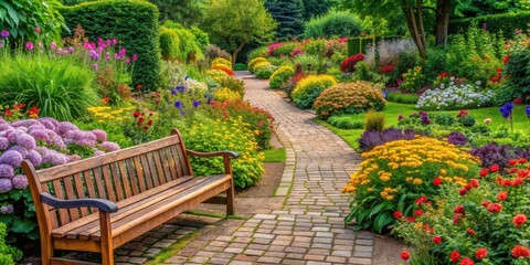 Wall Mural - Tranquil garden path with vibrant flowerbeds and wooden benches , serene, inviting, outdoor space, garden, path, flowers