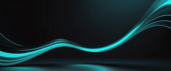Wall Mural - teal glowing curve lines abstract on plain black background banner with copy space