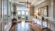 © Sujid - Coastal-inspired hallway foyer with transom window, hanging light fixture, and entryway table on wood floors, open