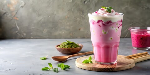 Wall Mural - Pink matcha ice latte with milk , matcha, pink, latte, ice, drink, beverage, refreshment, coffee, tea, milk, glass, straw, frozen