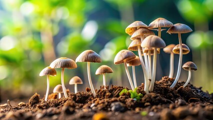 Sticker - Close-up photo of mushrooms sprouting from their substrate , mushrooms, growing, fungus, close-up, nature, organic