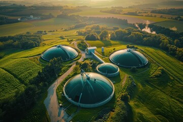 Wall Mural - aerial view of modern biogas plant in czech countryside sustainable energy production and agriculture drone photography