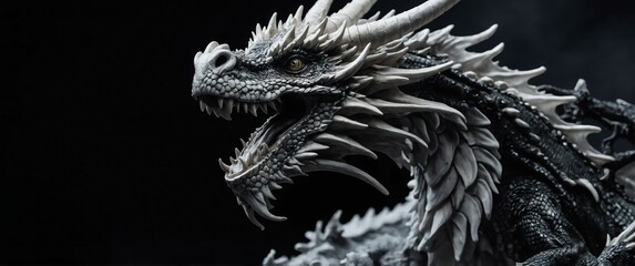 Wall Mural - white dragon on plain black background banner with copy space