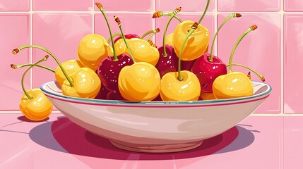 Wall Mural - Bowl with sweet yellow cherries on pink tile background 