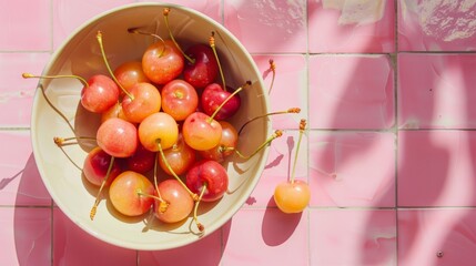 Wall Mural - Bowl with sweet yellow cherries on pink tile background 