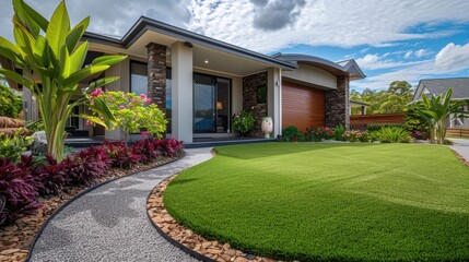 Wall Mural - A contemporary Australian home or residential buildings front yard features artificial grass lawn turf with timber edging, and a big flowers garden