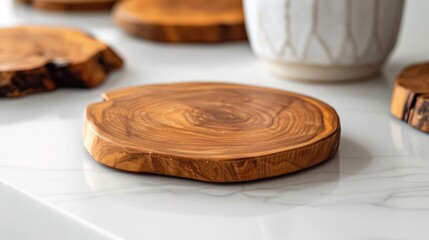 Wall Mural - Teak wood coasters on white surface in a close up photo