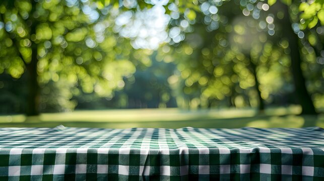 A green and white checkered tablecloth on an empty summer picnic background with blurred green trees in the park.