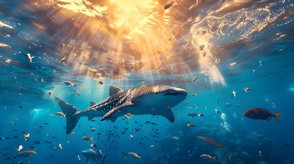 A majestic whale shark gliding through the crystal-clear waters, with the sun's rays piercing the ocean surface to illuminate its spotted body.