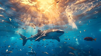 Wall Mural - A majestic whale shark gliding through the crystal-clear waters, with the sun's rays piercing the ocean surface to illuminate its spotted body.