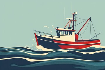 Sticker - Scenic Sea Adventure Red and White Fishing Boat Sailing in the Ocean with Flying Seagulls